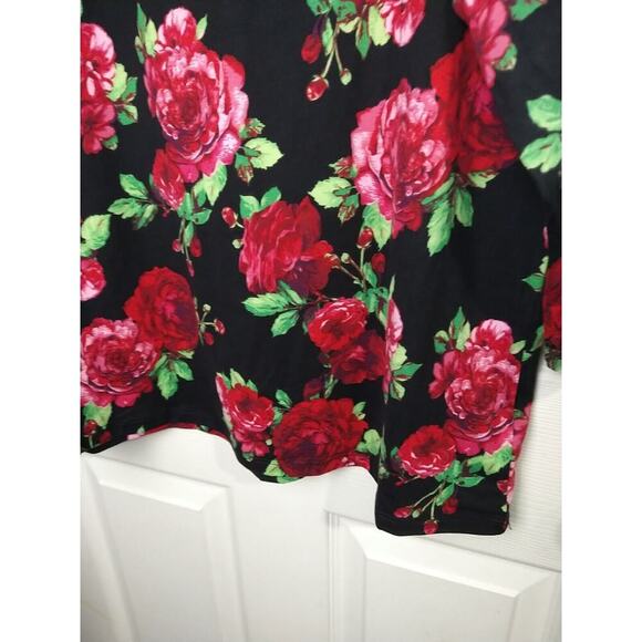 Pioneer Woman M Blouse Black Red Floral V Neck 3/4 Sleeves - Picture 5 of 10